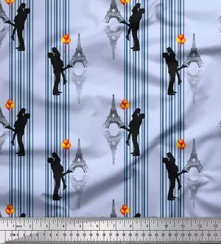 Синяя хлопковая вуаль Soimoi в полоску и с принтом «Эйфелева башня» 1 метр 56 дюймов 42 Inch Wide - Cotton Voile лаванда синий