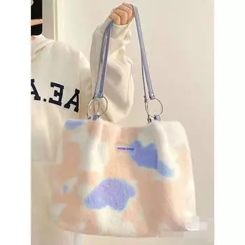 Синяя и розовая большая сумка-тоут на одно плечо с градиентом тай-дай из искусственного меха кролика коричневый