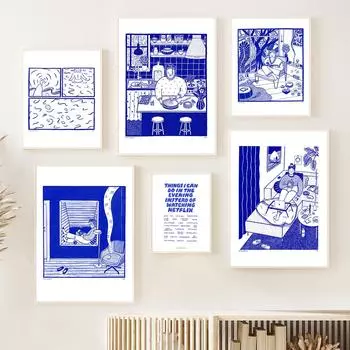 Синяя картина Кухня Гостиная Искусство Плакат Принт Простота Белый Абстрактная Ретро Холст Картина Комната Домашний Декор SwimNordic Refuge 21x30cm No Framed