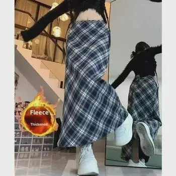 Синяя клетчатая бархатная юбка с высокой талией и тонкими краями для женщин - миниатюрная, с разрезом, осень/зима 2024 г. Large