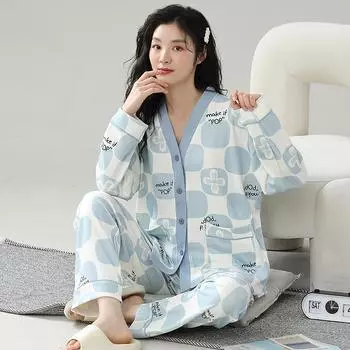Синяя клетчатая пижама женская милая кавайная с длинными рукавами длинные брюки осень-зима мягкая пижама уютная пижама для девочек женская пижама M