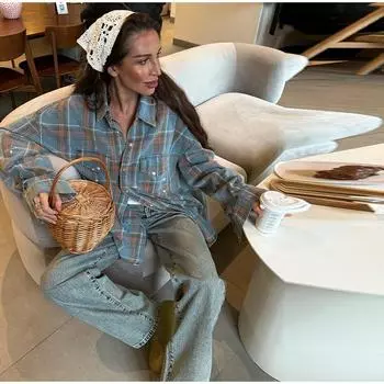 Синяя клетчатая рубашка-куртка женская весна-осень 2025 г. Новая элегантная высококачественная одежда с пуговицами спереди, женские повседневные свободные блузки S синий