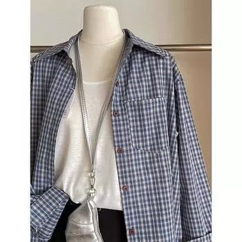 Синяя клетчатая рубашка с длинными рукавами, женская повседневная блузка в американском стиле в стиле ретро, универсальное тонкое летнее женское пальто для поездок на работу M