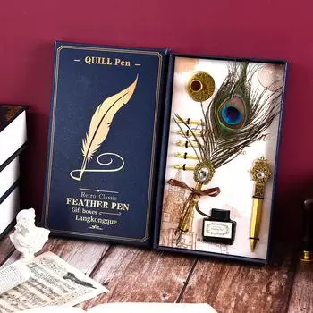 Синяя коробка с круглым основанием, ручка с драгоценными камнями в виде павлина, подарочный набор, практика каллиграфии, подарочный лак