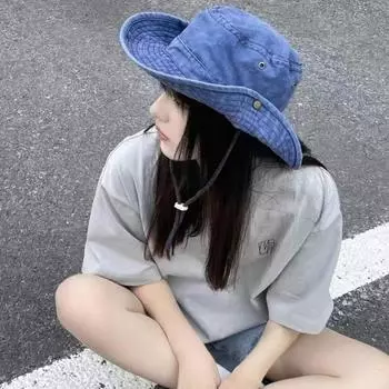 Синяя ковбойская шляпа-ведро с завязками, мужская джинсовая пляжная шляпа от солнца для женщин, уличная модная рыбацкая шляпа на весну и лето 56-58cm хаки