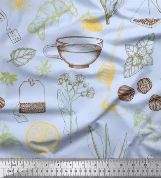 Синяя креповая ткань Soimoi, чашка для чая | звездчатый анис и дольки лимона, растительная ткань с принтом в ярдах, 42 дюйма 42 Inch Wide - Poly Crepe синий