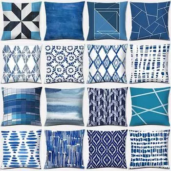 Синяя квадратная наволочка с геометрическим принтом, подушка для дивана, стула, наволочка 10