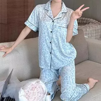 Синяя леопардовая женская пижама из 3 предметов Y2k модная женская модная пижама новая осенняя повседневная ночная рубашка M синий