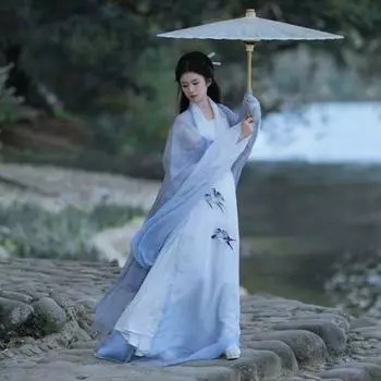 Синяя летняя тонкая рубашка в китайском стиле династии Вэй и Цзинь Ханфу, юбка с большим рукавом, сказочный танцевальный костюм L синий