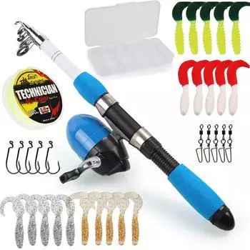 Синяя мини-удочка Sougayilang с телескопической удочкой с катушкой, мягкими приманками и полным комплектом