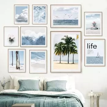 Синяя морская птица, пляжная доска для серфинга, пальма, настенная живопись на холсте, постеры на скандинавскую тему и принты, настенные панно для декора гостиной A4 21X30cm No Framed