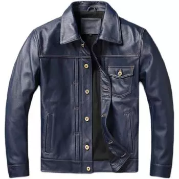 Китайский размер Синяя воловья кожаная мужская куртка 506 Стиль Slim Fit Мягкая мужская натуральная кожаная куртка весна осень S тёмно-синий