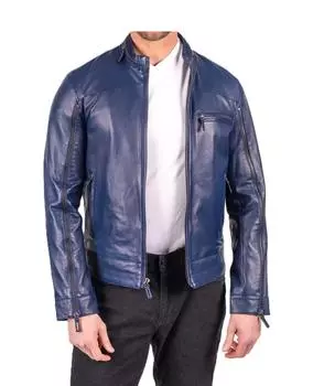 Синяя мужская кожаная куртка ручной работы из натуральной овчины, мотоциклетная, байкерская, мягкая, повседневная, стильная S синий