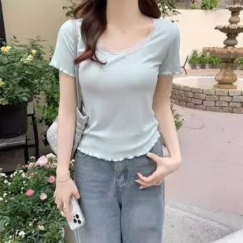 Синяя нежная и милая женская кружевная футболка с круглым вырезом и короткими рукавами, новый весенний тонкий многослойный топ Pure Desire с внутренней стороны S белый