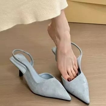Синяя память! Босоножки из замши в стиле ретро с острым носком и тонким каблуком, женские весенние и дорожные сандалии с сумкой на голову, пустые сандалии 35 синий