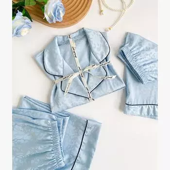 Синяя пижама с леопардовым принтом, комплект из трех предметов, женская сексуальная пижама с лацканами, домашняя одежда, повседневная свободная пижама, атласная домашняя одежда M синий