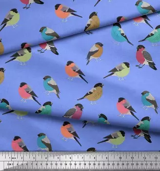 Синяя поли-креповая ткань Soimoi, рыжая мухоловка с птицами, принты в ярдах, 42 дюйма 42 Inch Wide - Poly Crepe синий