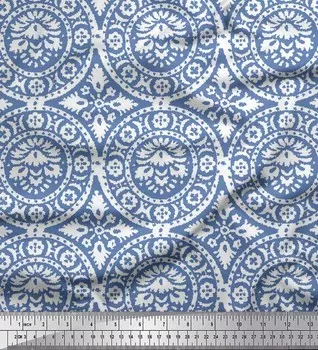 Синяя полиэфирная креповая ткань Soimoi, дамасская ткань с цветочным декором, напечатанная BTY, 42 дюйма 42 Inch Wide - Poly Crepe синий