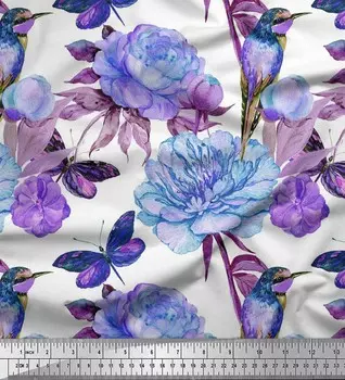 Синяя полиэфирная креповая ткань Soimoi «Колибри» | Ткань с принтом насекомых и цветочным принтом от The Yard, 42 дюйма 42 Inch Wide - Poly Crepe синий