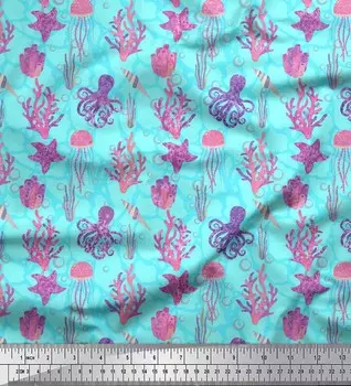 Синяя полиэфирная креповая ткань Soimoi, коралловый цвет | Швейная ткань с осьминогом и медузами и океанским принтом BTY, 42 дюйма 42 Inch Wide - Poly Crepe синий