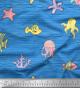 Синяя полиэфирная креповая ткань Soimoi, рыба-клоун и осьминог, декор для океана, ткань с принтом, метр, 42 дюйма 42 Inch Wide - Poly Crepe зелёный