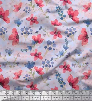 Синяя полиэфирная креповая ткань Soimoi с акварельным принтом цветов и листьев 1 метр 42 дюйма 42 Inch Wide - Poly Crepe синий