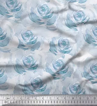 Синяя полиэфирная креповая ткань Soimoi с цветочным принтом розы BTY 42 дюйма 42 Inch Wide - Poly Crepe синий