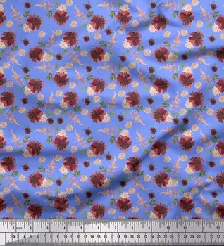 Синяя полиэфирная креповая ткань Soimoi с цветочным принтом в виде листьев и хризантемы, 1 метр 42 дюйма 42 Inch Wide - Cotton Cambric синий