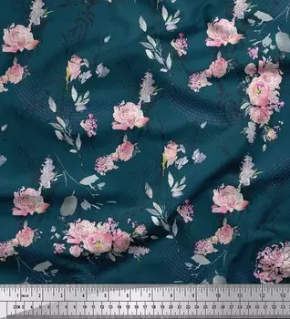 Синяя полиэфирная креповая ткань Soimoi с цветочным принтом «Цветы и пионы» в ярдах, 42 дюйма 42 Inch Wide - Poly Crepe синий