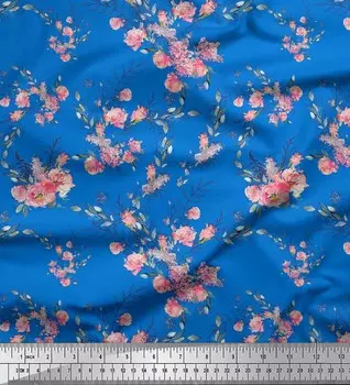 Синяя полиэфирная креповая ткань Soimoi с цветочным принтом «Розы и лютики», 1 ярд, 42 дюйма 42 Inch Wide - Poly Crepe синий