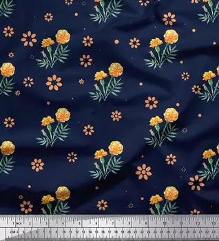 Синяя полиэфирная креповая ткань Soimoi с цветочным принтом бархатцев, 1 метр, 42 дюйма 42 Inch Wide - Poly Crepe синий