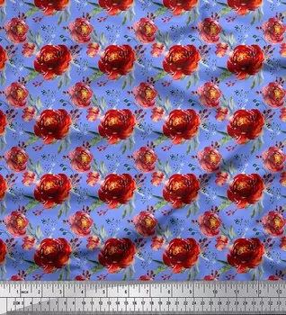 Синяя полиэфирная креповая ткань Soimoi с цветочным принтом листьев и пионов, 42 дюйма по метрам 42 Inch Wide - Poly Crepe синий