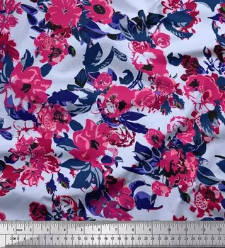 Синяя полиэфирная креповая ткань Soimoi с художественным принтом в виде листьев и цветочных тканей по метрам 42 дюйма 42 Inch Wide - Poly Crepe синий