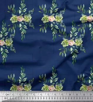 Синяя полиэфирная креповая ткань Soimoi с квадратным принтом и листьями, 42 дюйма в ярдах 42 Inch Wide - Poly Crepe синий