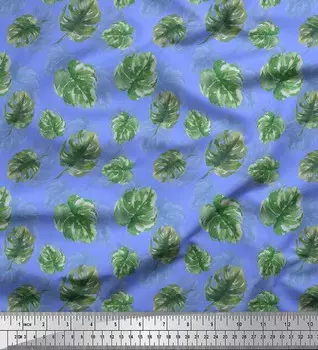 Синяя полиэфирная креповая ткань Soimoi с принтом в виде листьев монстеры, 1 метр 42 дюйма 42 Inch Wide - Poly Crepe синий