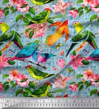 Синяя полиэфирная креповая ткань Soimoi с птицами | Ткань с принтом листьев и лилий в ярдах, 42 дюйма 42 Inch Wide - Poly Crepe синий