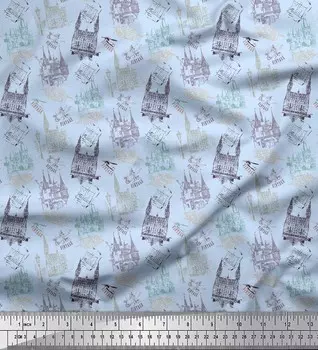 Синяя полиэфирная креповая ткань Soimoi с текстом и памятниками, ткань для архитектурного декора, печатный метр, 42 дюйма 42 Inch Wide - Poly Crepe синий