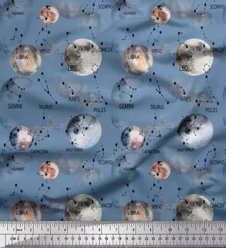 Синяя полиэфирная креповая ткань Soimoi, текст зодиака и принт планеты Галактика, швейная ткань, метр 42 дюйма 42 Inch Wide - Poly Crepe синий