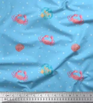 Синяя полиэфирная креповая ткань Soimoi в горошек и с крабовым океанским принтом по метрам, 42 дюйма 42 Inch Wide - Poly Crepe синий