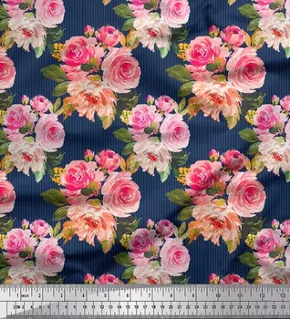 Синяя полиэфирная креповая ткань Soimoi в полоску и лютик с цветочным принтом, 42 дюйма в ярдах 42 Inch Wide - Poly Crepe синий