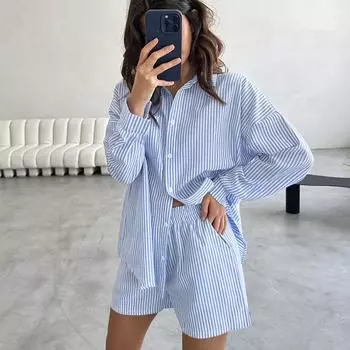 Синяя полосатая хлопковая рубашка с лацканами, брючный костюм с длинными рукавами, летняя модная женская одежда L синий