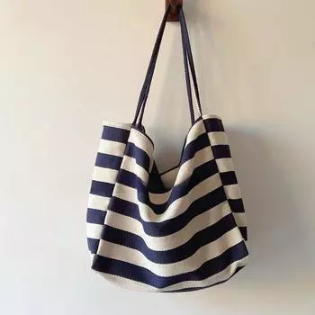 Синяя полосатая холщовая сумка-тоут для женщин Harajuku Aesthetic Большая вместимость Повседневные сумки через плечо Женская сумка для покупок в стиле ретро, новая