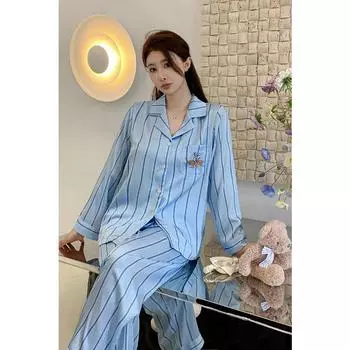 Синяя полосатая пижама из шелка с длинными рукавами и рисунком из мультфильма на все времена года, комплект из двух предметов M