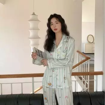 Синяя полосатая пижама с рисунком «Уменьшение возраста» Простая и удобная женская домашняя одежда из ледяного шелка, искусственный шелк M синий