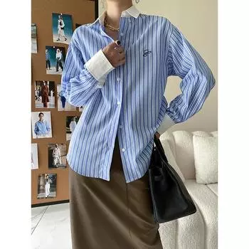 Синяя полосатая рубашка для женщин с лацканами, однобортная рубашка с цветными блоками, офисная женская свободная шикарная рубашка, осень L синий