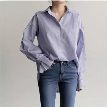 Синяя полосатая рубашка женская свободная весенне-осенняя блузка с рукавами-фонариками женская вертикальная полоска универсальная с длинными рукавами удобная женская одежда S синий