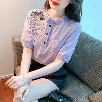 Синяя полосатая шифоновая рубашка с вышивкой, женская летняя новая блузка с воротником-стойкой и короткими рукавами, модный повседневный топ S синий
