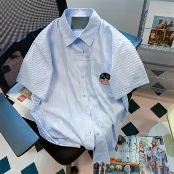 Синяя полосатая вышитая рубашка для женщин, летние свободные рубашки с короткими рукавами, декорированные пуговицами, женский шикарный топ M синий