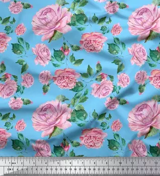 Синяя японская креп-атласная ткань Soimoi с принтом листьев и пионов и цветочным принтом, 42 дюйма по метрам