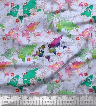 Синяя японская креп-атласная ткань Soimoi с печатью и принтом карты мира BTY, 42 дюйма 42 Inch Wide - Poly Crepe синий